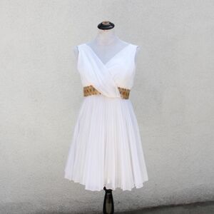 Vintage 1960s Grecian Style White Chiffon Cocktail Dress